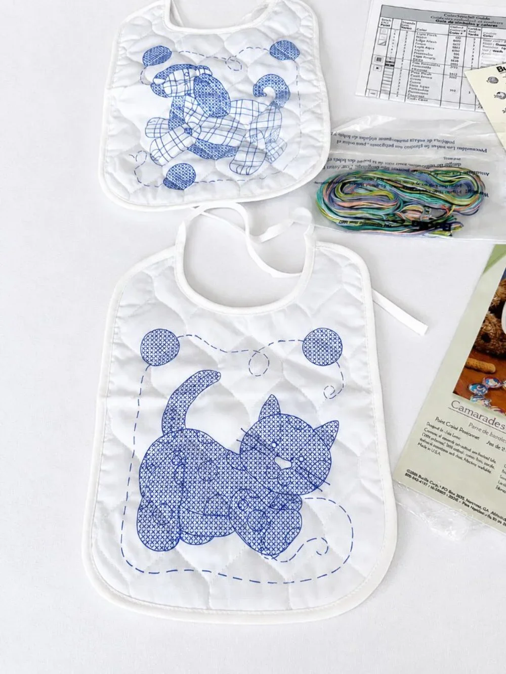 Bucilla Playful Pals Baby Bib Pair Stamped Cross Stitch Kit Set of 2 Cat & Puppy